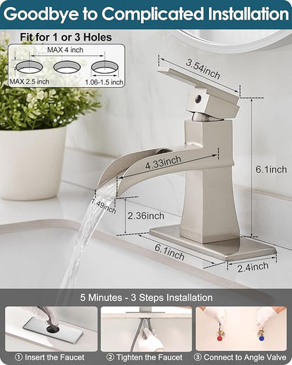 Single Hole Bathroom Faucet 3 Hole (4 Inch), Brass Waterfall Faucet Single Handle, Bathroom Faucets Brushed Nickel Bathroom Sink Faucet with Deck Plate & Pre-Install Hoses Without Pop-up Drain