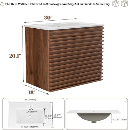 ROOMTEC 30" Bathroom Vanity with Ceramic Sink Combo, Mid-Century Wall Mounted Floating Vanity Cabinet with 2 Closing Doors, Wood Grain Texture, Walnut