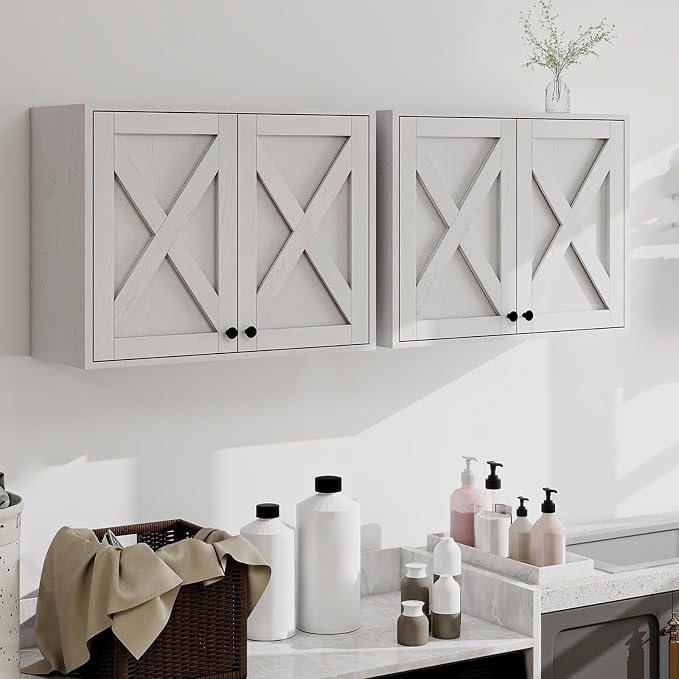 YOURLITE Laundry Cabinet, Medicine Cabinet, Bathroom Kitchen Storage Wall Mounted Farmhouse Organizer with Shelves Over Toilet, One Set of 2 Pieces X 24", White