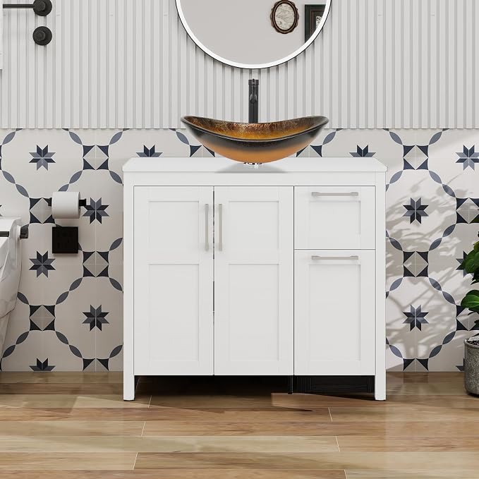 YOURLITE 36" Bathroom Vanity with Sink, White Bathroom Vanity with Faucet & Pop Up Drain Set,Traditional Vanity with Black Glass Bowl Bathroom Sink
