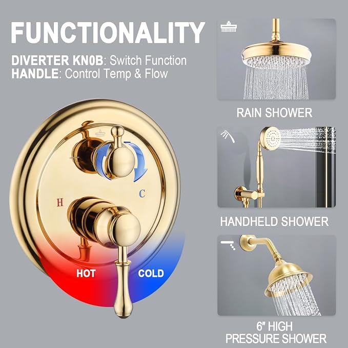 Enga Antique Dual Shower Head Faucet Set - 8" Ceiling Mount Rain Shower & 6" Wall-Mounted Vintage Rainfall + Handheld Spray Combo, Bright Gold