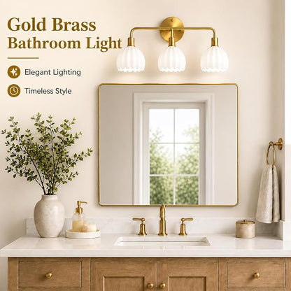 Brushed Gold 3-Light Vanlity Light Over Mirror,Wall Sconces,Gold Brass Bathroom Light Fixture with White Glass Flower Shade,E26 Socket(Bulbs Not Included)