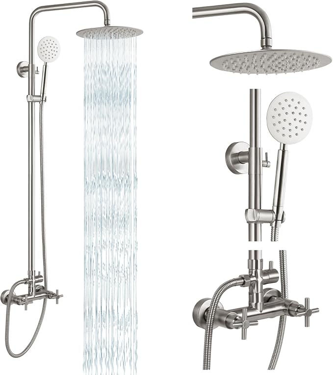 gotonovo Outdoor Shower 304 Stainless Steel, Brushed Nickel, Cross Handle | Rain 8 Inch Outdoor Shower Head with Handheld Kit Fixtures System Faucet Set with Valve Wall Mount for Seaside Backyard Pool