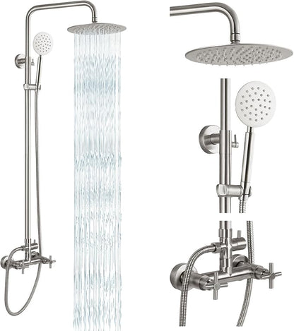 gotonovo Outdoor Shower 304 Stainless Steel, Brushed Nickel, Cross Handle | Rain 8 Inch Outdoor Shower Head with Handheld Kit Fixtures System Faucet Set with Valve Wall Mount for Seaside Backyard Pool