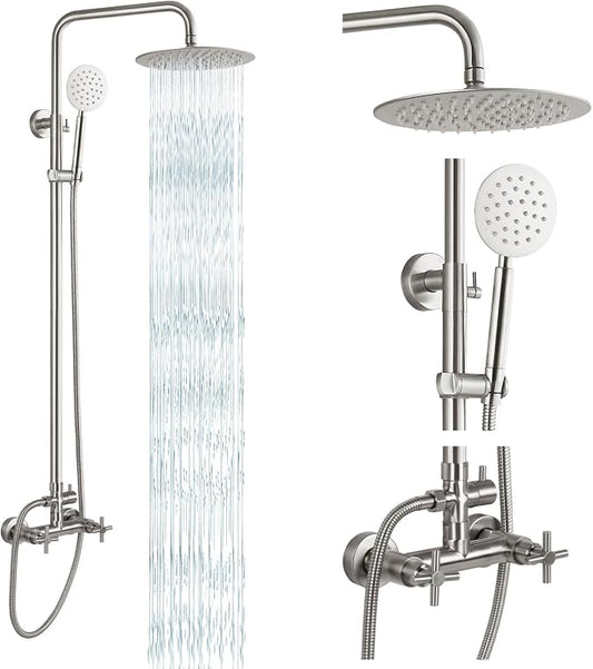 gotonovo Outdoor Shower 304 Stainless Steel, Brushed Nickel, Cross Handle | Rain 8 Inch Outdoor Shower Head with Handheld Kit Fixtures System Faucet Set with Valve Wall Mount for Seaside Backyard Pool