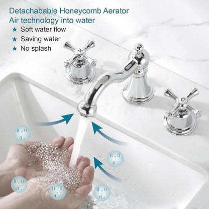 RKF Bathroom Faucets for Sink 3 Hole Chrome 8 inch Widespread Bathroom Sink Faucet with Drain 2 Handles Cross Knobs Faucet Bathroom Vanity Faucet Basin Mixer Tap CWF033-CP
