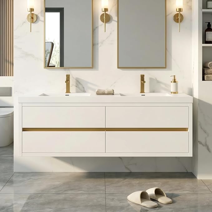 72 Inch Floating Bathroom Vanity with Double Sink, Glossy White Wall Mounted Cabinet, Stone Resin Countertop, Soft Close Drawers, Fully Assembled