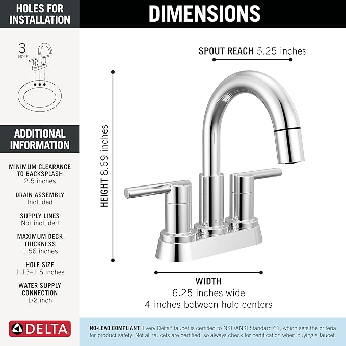 Delta Nicoli Centerset Chrome Bathroom Faucet with Sprayer, 4 Inch 3 Hole Bathroom Sink Faucet with Pull Out Sprayer, Push-Pop Drain, Chrome 25749LF-PD