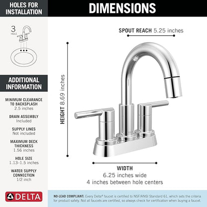 Delta Nicoli Centerset Chrome Bathroom Faucet with Sprayer, 4 Inch 3 Hole Bathroom Sink Faucet with Pull Out Sprayer, Push-Pop Drain, Chrome 25749LF-PD