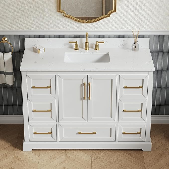 48" Bathroom Vanity with Sink,Undermount Ceramic Sink Vanity, Storage Cabinet with Sink,Drawers& No Installation Required, Small Wooden Bathroom Sink Cabinet, Greige White