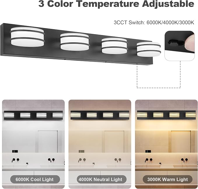 GOODATE 3 Color Temperature Dimmable Bathroom Light Fixtures Over Mirror, LED Black 4 Light Vanity Lighting Fixtures, Acrylic Stainless Steel Oval Shade Vanity Lights for Bathroom, ETL Certificated