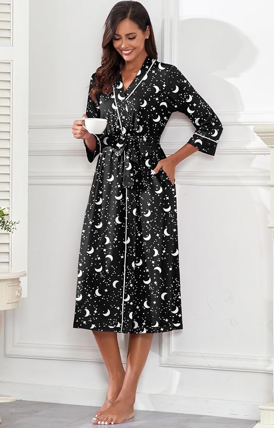 PrinStory Robes for Women 3/4 Sleeve Long Bath Robe XS-4XL | V-Neck Knit Bathrobe with Pockets, Lightweight, Soft, Breathable Robes for Shower, Spa, Travel, Home, Party, Nursing