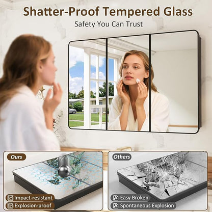 Medicine Cabinet Mirror 60x32 Inch, Triple-Door Bathroom Mirror Cabinet with Glass Adjustable Shelves, 3-Compartment Bathroom Mirror with Storage Recessed or Wall Mount
