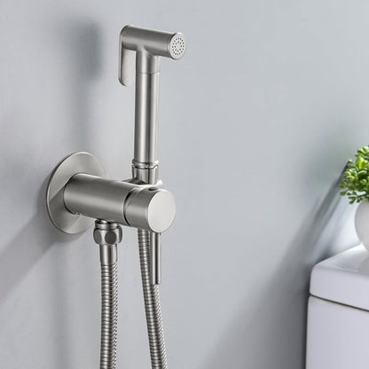 Warm Water Bidet Sprayer for Toilet with Hot and Cold Brass Rough-in Valve, Stainless Steel Round Handheld Bidet Attachment Set for Feminine, Pets and Baby Diaper Wash, Brushed Nickel