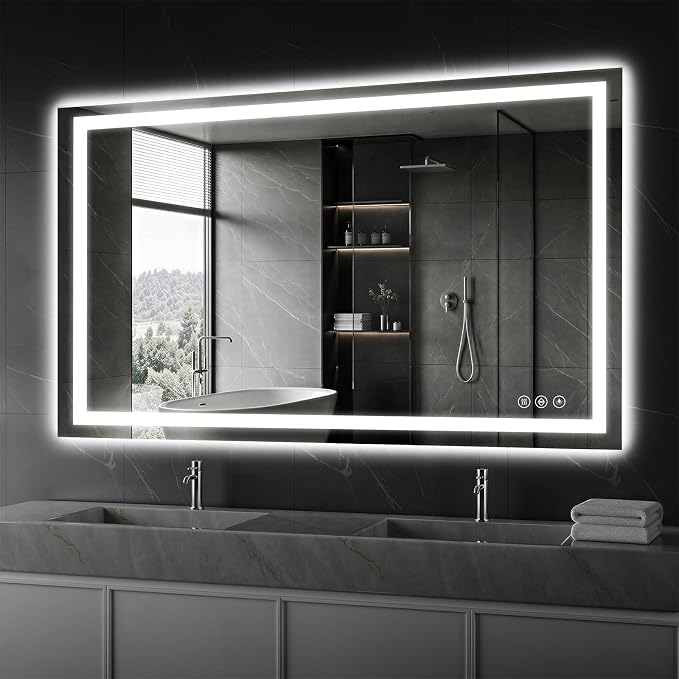Koonmi 55x36 LED Bathroom Mirror, Shatterproof Mirror with Light | 90CRI Vanity Mirror with Anti-fog Backlit + Front Lit, 3 Color, Easy Install for Bathroom Hotel (IP65)