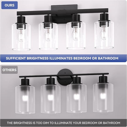 Hasipu Modern Bathroom Light Fixtures, 4 Light Black Vanity Lights | HD Clear Round Glass Shade, Durable Metal, Standard E26 Socket, Easy Installation, Farmhouse Bathroom Lighting