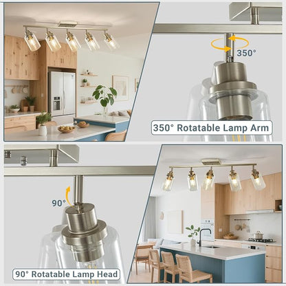 LOUSACE 5-Light Brushed Nickel Track Lighting Kit with Clear Glass, Modern Track Light Fixtures Flush Ceiling Mounted, Tracking Vanity Lighting Rotatable Spotlight for Kitchen Bathroom Accent Shop