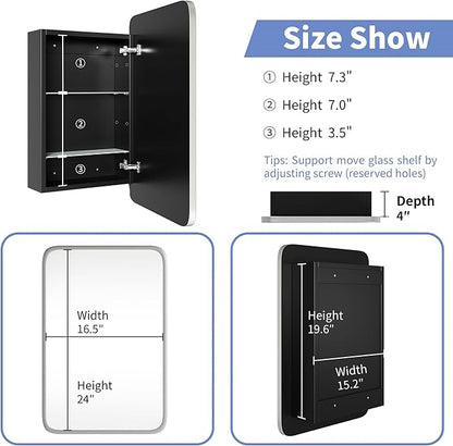 Vintage-Style Bathroom Wood Black Cabinet with 16.5''x24'' Brushed Nickel Metal Frame Curved Mirror, Recessed Medicine Cabinet, Bathroom Storage Cabinet