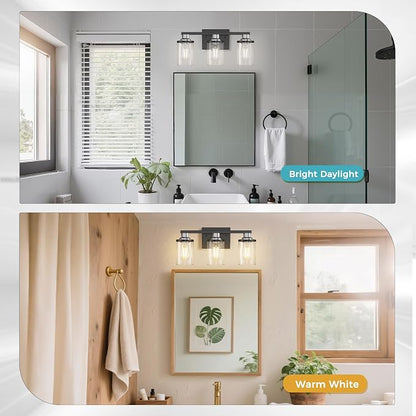 DORESshop 17 Inch 3-Light Black Nickel Bathroom Vanity Light | Modern Black Nickel Vanity Light Fixture, Clear Glass Shade Bathroom Wall Light, Mirror Lighting for Bedroom Living Room