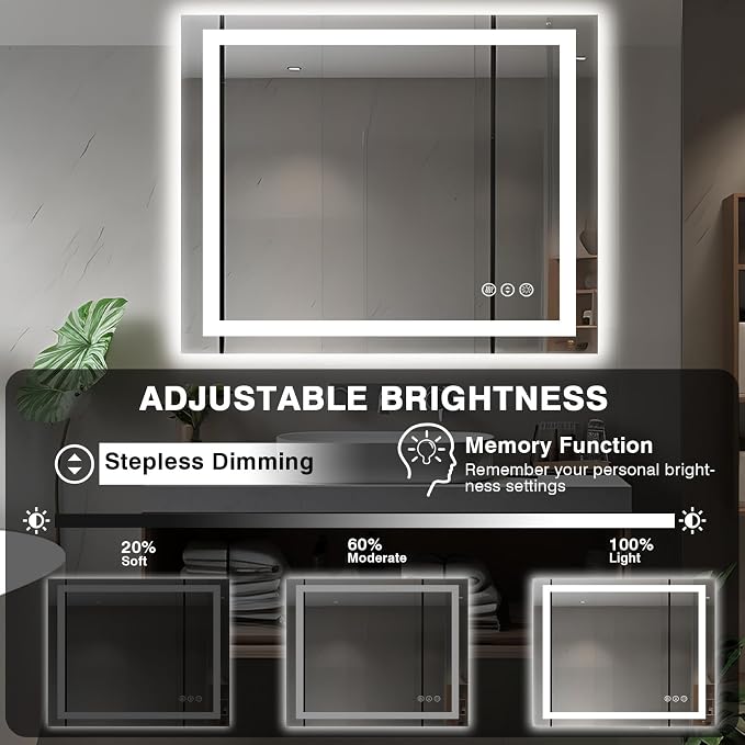 EchosLife 40"x36" LED Bathroom Vanity Mirrors | Backlit + Front Lit, Anti-Fog, Stepless Dimmable, 3 Colors, Memory, Tempered Glass, UL Listed, Horizontal/Vertical