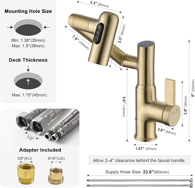 Rotatable Bathroom Faucet with Temperature Display in Fahrenheit (Batteries-Free), 3 Water Outlet Modes, Brushed Gold