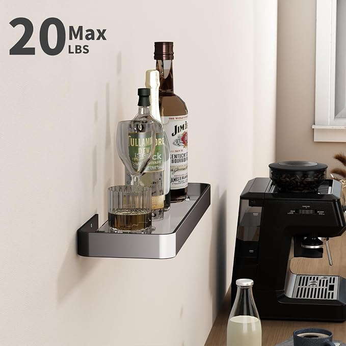 16-Inch Wall Shelf, Clear Tempered Glass with Matte Black Aluminum Frame – Sleek Floating Bathroom Organizer