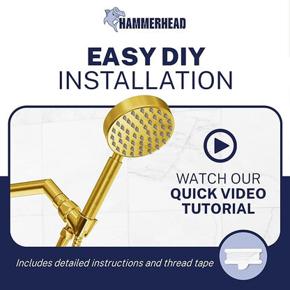 HammerHead Showers® Solid Metal Handheld Shower Head with Hose and Brass Holder - BRUSHED GOLD - 2.5 GPM High Pressure Shower Heads with Adjustable Shower Wand Bracket - 6ft Flexible Extension