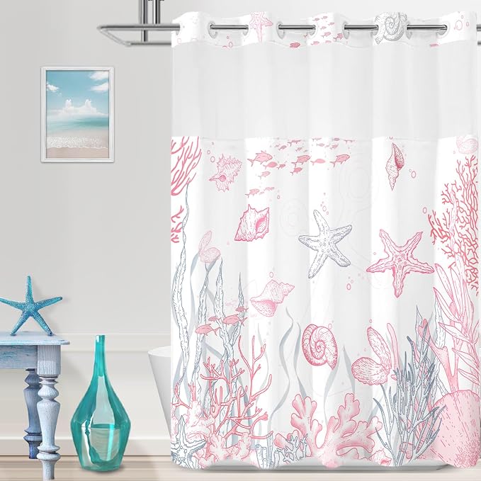 No Hook Shower Curtain and Liner Set, Pink Beach Coastal 71x84 | Nautical Ocean for Bathroom, with Snap in Liner Replacement, Mesh Top Window, Waterproof, Machine Washable, Quick-Drying