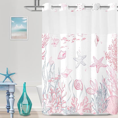 No Hook Shower Curtain and Liner Set, Pink Beach Coastal 71x84 | Nautical Ocean for Bathroom, with Snap in Liner Replacement, Mesh Top Window, Waterproof, Machine Washable, Quick-Drying