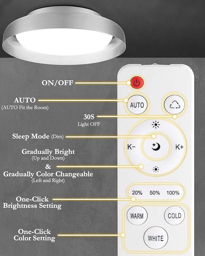 Ken & Ricky Flush Mount Ceiling Light Fixture, Led Dimmable 24w for Bedroom Kitchen Bathroom Laundry Hallway Entryway,Remote Control (Brushed Nickel,12Inch,2PK)