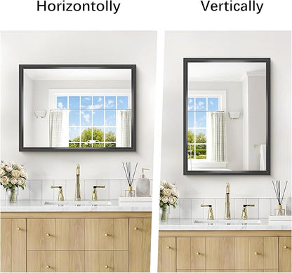 18x24 Inch Black Bathroom Mirror, Brushed Black Rectangle Mirror for Over Sink, 0.6" Thickened Deep Aluminum Frame Rectangular Vanity Mirror, Tempered Glass, Antirust, Horizontally/Vertically