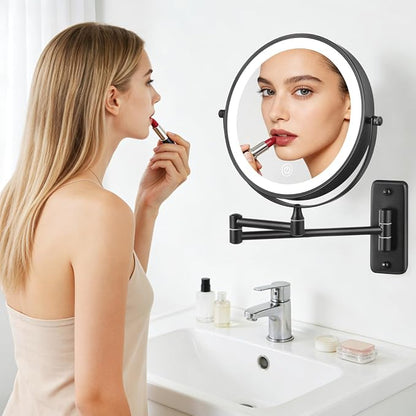 DECLUTTR Rechargeable Wall Mounted Lighted Makeup Mirror, 8 inch 10X Magnifying Mirror with 3 Color Lights, Dimmable Touch Screen Makeup Mirror with Lights for Bathroom, Black