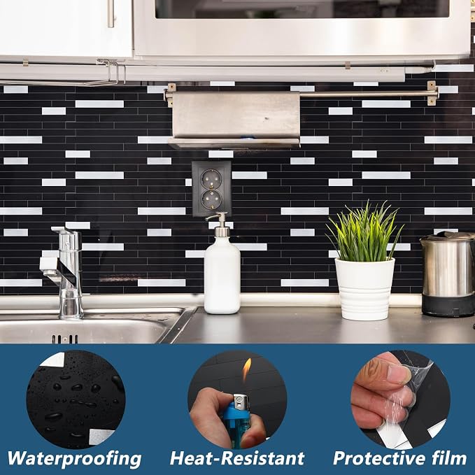 Yipscazo 20 Sheets Peel and Stick Stone Metal Backsplash, PVC Wall Tiles Stick on Tiles for Backsplash Kitchen, Bathroom, Fireplace (6'' X 12'', Black)
