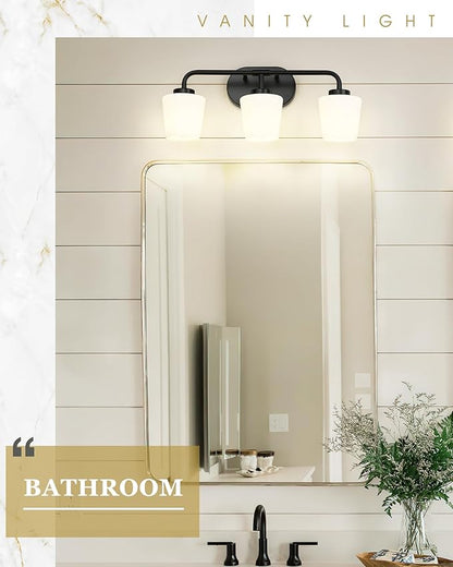 Bathroom Light Fixtures Over Mirror, 3-Light Matte Black Vanity Lighting Fixtures with Milk White Glass, Vintage Farmhouse Wall Sconces Lighting, AD-22004-3W-BK
