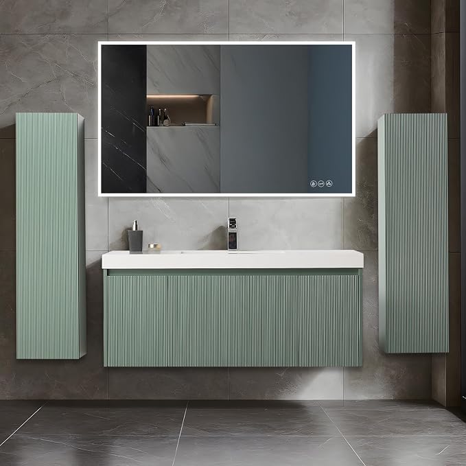 Blossom 48 Inch Bathroom Vanity with Sink and 2 Side Cabinets, All Wood Wall Mounted Floating Bathroom Vanity Cabinet with Acrylic Sink, Soft-Close Drawers, Bathroom Vanities, Aventurine Green