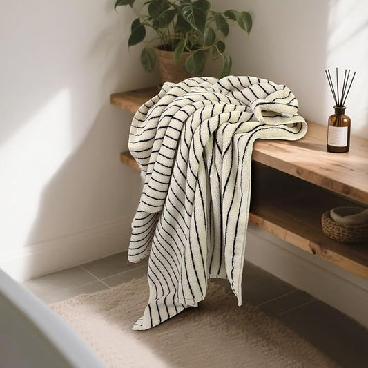 Jacquotha Black and Ivory Striped Bath Towels Set of 2, Lighter & Quick Dry Towels Large 27.5 x 55 inches, Farmhouse for Bathroom, Pool, Shower
