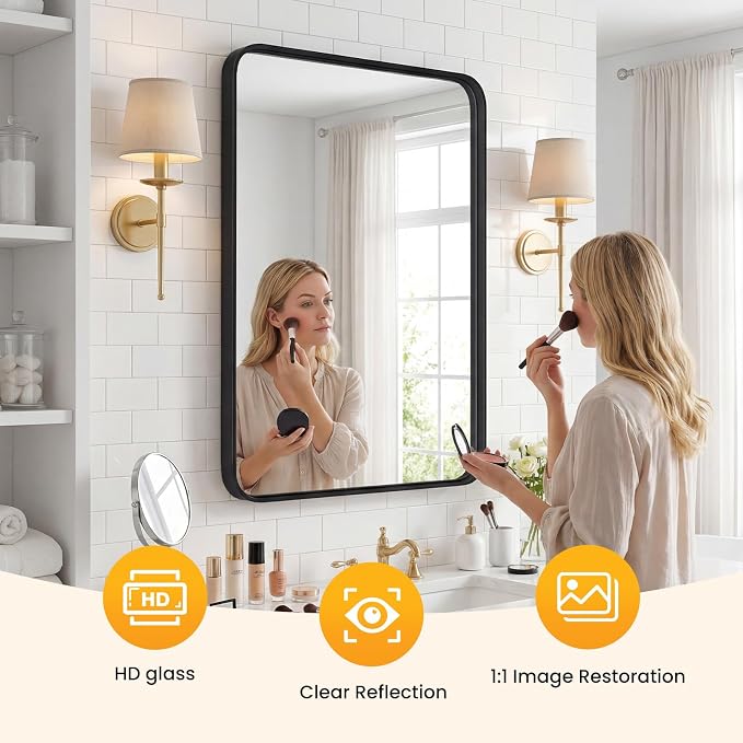 OLIXIS Bathroom Mirror 22x30 Inch, Wall Mount Vanity Mirrors for Over Sink | Rectangle Mirror with Matte Metal Framed, Modern Wall Mount Vanity Mirrors for Home Decor, Living Room, Bedroom, Black
