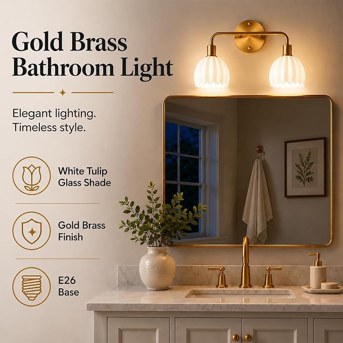 2-Light Gold Brass Bathroom Light Fixture,Wall Sconces,Brushed Gold Vanlity Light Over Mirror,Bathroom Vanity Light with White Glass Flower Shade,E26 Socket(Bulbs Not Included)