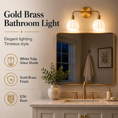 2-Light Gold Brass Bathroom Light Fixture,Wall Sconces,Brushed Gold Vanlity Light Over Mirror,Bathroom Vanity Light with White Glass Flower Shade,E26 Socket(Bulbs Not Included)