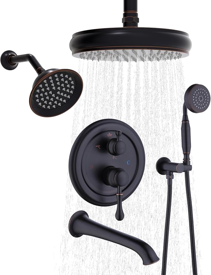 Enga Antique Shower Faucet Sets Dual Heads with Tub Spout 8" Ceiling & 6" Wall Mount Vintage Shower Head Handheld Spray Combo, 4 Way Diverter Brass Rough in with Trim Kit, Oil Rubbed Bronze