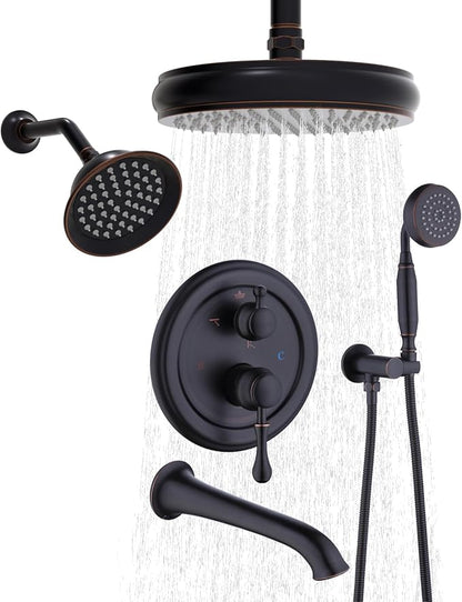 Enga Antique Shower Faucet Sets Dual Heads with Tub Spout 8" Ceiling & 6" Wall Mount Vintage Shower Head Handheld Spray Combo, 4 Way Diverter Brass Rough in with Trim Kit, Oil Rubbed Bronze