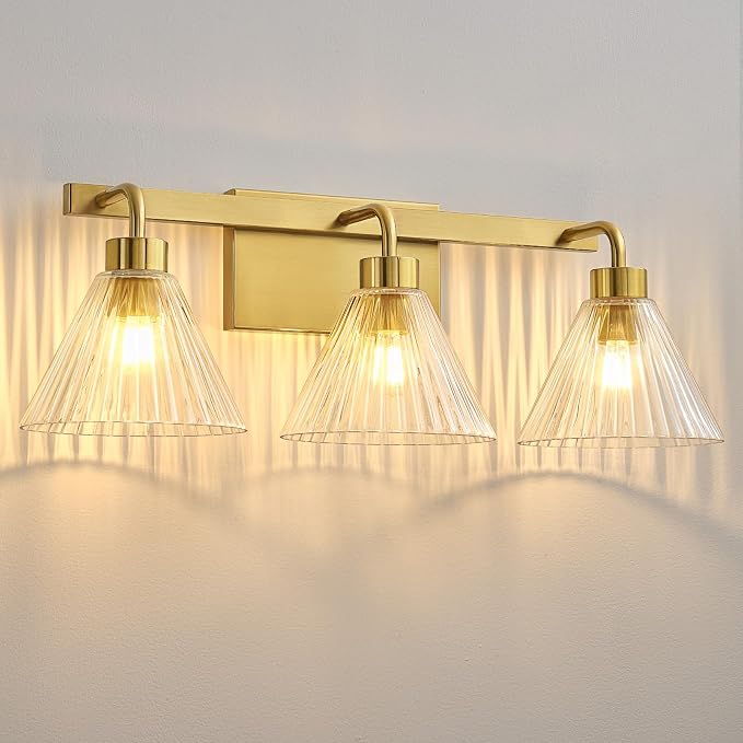 AIJIASI Modern Bathroom Vanity Light 3-Light Brushed Gold Bathroom Light Fixtures with Ribbed Glass Shade 24 Inch Up/Down Mount Vanity Lighting Fixtures Over Mirror for Bath Bedroom Makeup