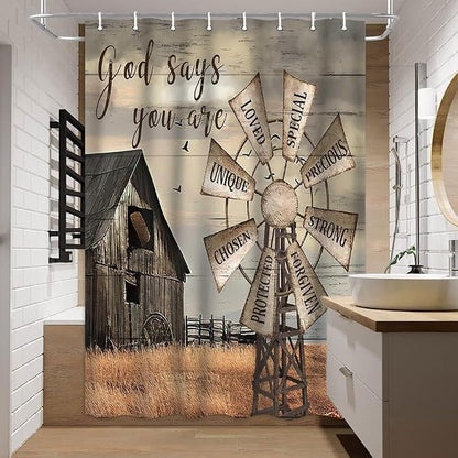 Retro Farmhouse Shower Curtain Sets,Rustic Windmill Western Shower Curtain Sets Bathroom Decoration,Fabric Inspirational Bath Curtain RV Shower Curtains with Hooks 47X64 in