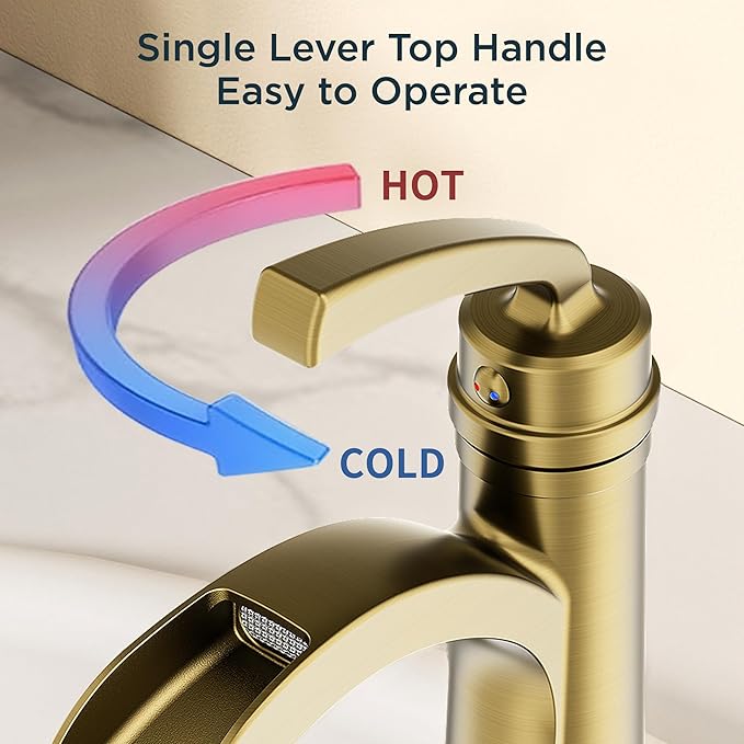 Forious Single Handle Bathroom Faucets Brushed Gold One Hole Antique Waterfall Bathroom Faucet with Metal Pop Up Drain and Deck Plate for Lavatory Vanity Farmhouse RV