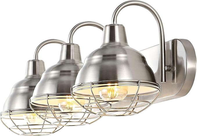 JONATHAN Y 24.5" Nickel 3-Light Industrial Farmhouse Vanity Light for Bathroom Mirror, Rustic Metal Wall Sconce Fixture, Iron Caged Shade, LED Bulbs Included (JYL1120B)