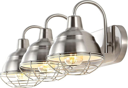 JONATHAN Y 24.5" Nickel 3-Light Industrial Farmhouse Vanity Light for Bathroom Mirror, Rustic Metal Wall Sconce Fixture, Iron Caged Shade, LED Bulbs Included (JYL1120B)