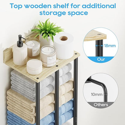 Towel Racks for Bathroom Wall Mounted, 3 Bar Wall Towel Rack for Rolled Towels, Metal Towel Holder with Wooden Shelf, Sturdy and Large Capacity, Towel Storage Organizer