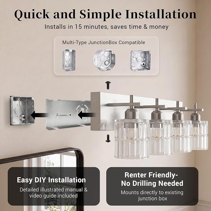 OCIOC 4-Light Nickel Bathroom Vanity Light Over Mirror, Brushed Nickel Bathroom Wall Lights with Glass Shades, Indoor Wall Mounted Lamp for Living Room Bedroom Hallway