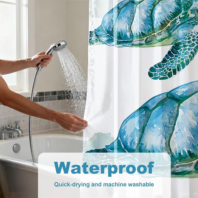 Beach Nautical Sea Turtle Theme Fabric Shower Curtain Sets Ocean Family Bathroom Decor with Hooks Waterproof Washable 72 x 84 inches White Blue and Green