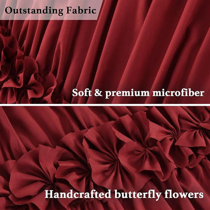 Homechoice Decor Burgundy Ruffle Shower Curtain, Vintage Handcrafted Bow Tie Bath Curtain for Master Bathroom, Ruched Microfiber Bathroom Curtain with 12 Buttonholes, 72" W x 72" H (LQ-10)